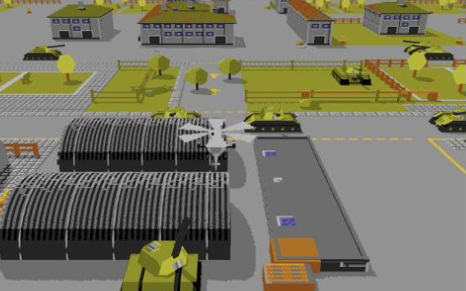 WARHELI in 3D chase view, flying above the original pixel city